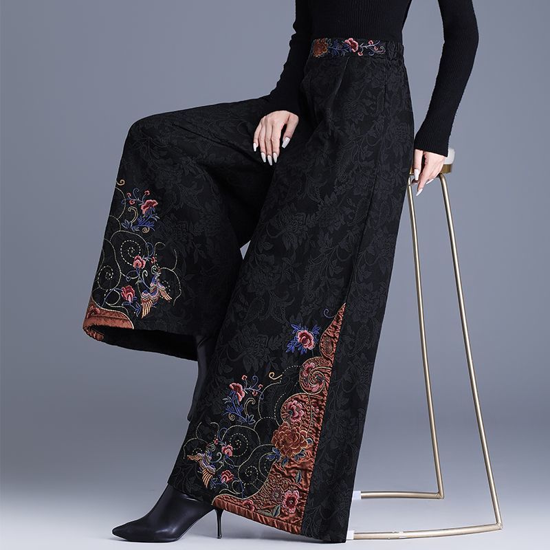 中年妈妈装新中式国风高腰阔腿裤重工绣花提花民族风刺绣长裤子女 黑色刺绣阔腿裤(不加绒) L
