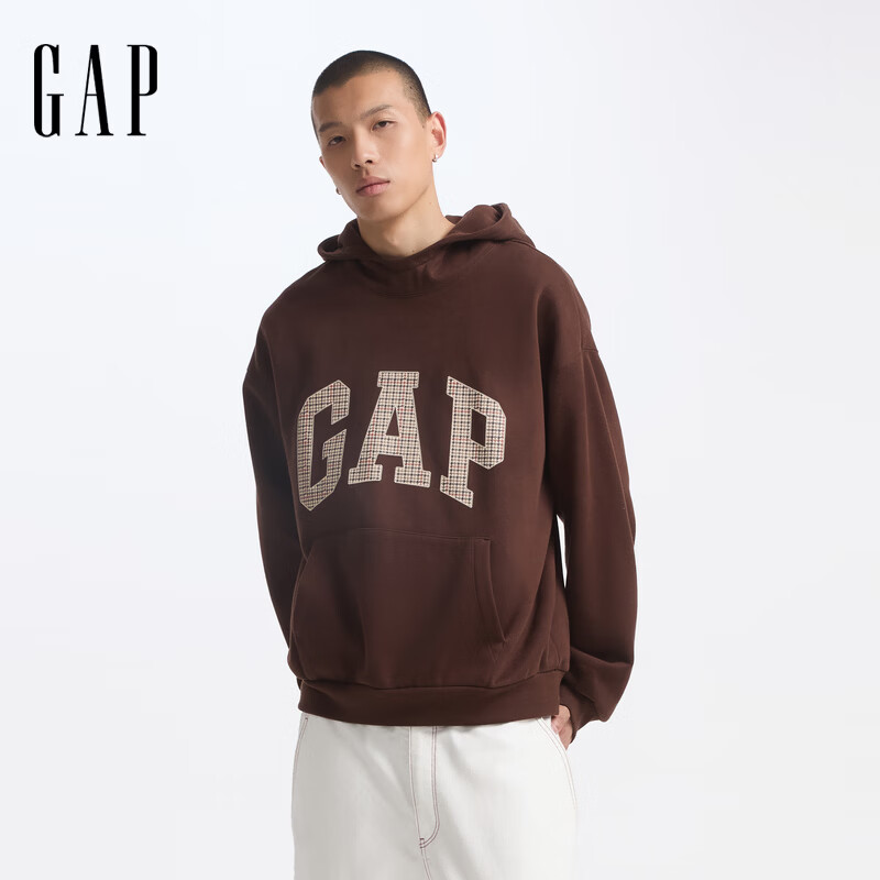 GAP男女装碳素软磨抓绒格纹logo连帽卫衣上衣 棕色 M (170/92A)亚洲尺码
