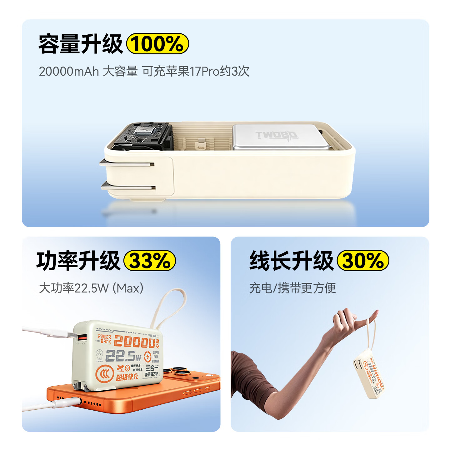 二伯3C认证充电宝20000毫安 墙插带线22.5W超级快充充电器二合一便携移动电源适用苹果17华为小米 【墙插款】自带插头双线20000毫安