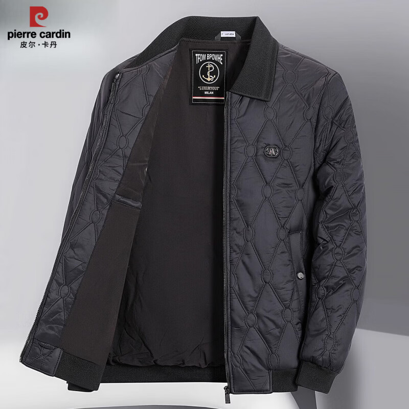 皮尔卡丹新款男士夹克爸爸秋冬棉衣外套中老年人男装茄克衫加厚棉服上衣 黑色 2XL 185