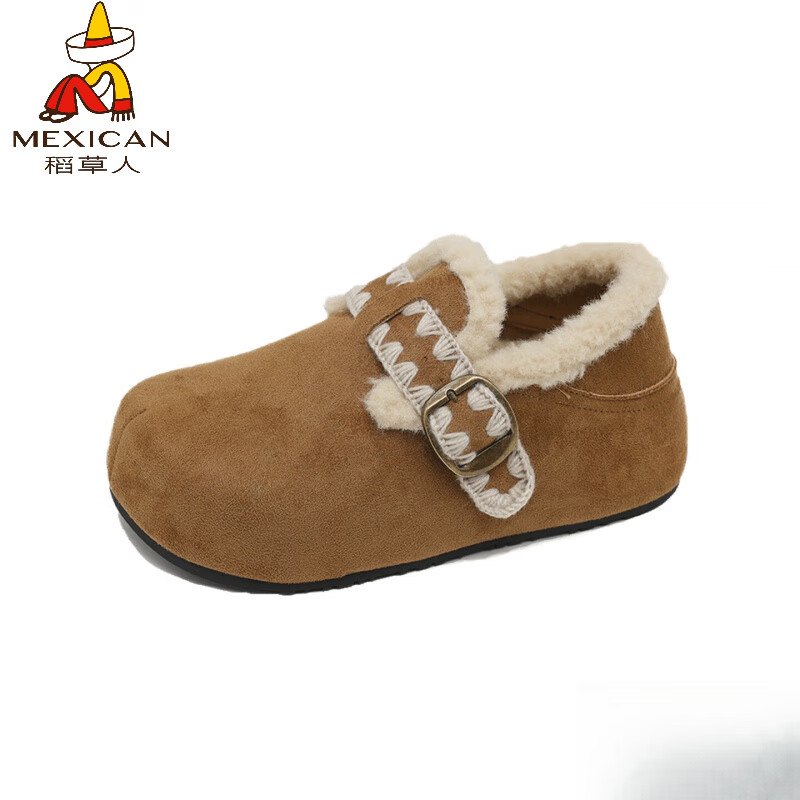 稻草人（MEXICAN）加绒勃肯鞋女2026新款秋冬季毛绒棉鞋全包博肯鞋厚底增高毛毛鞋子 精品版驼色 35