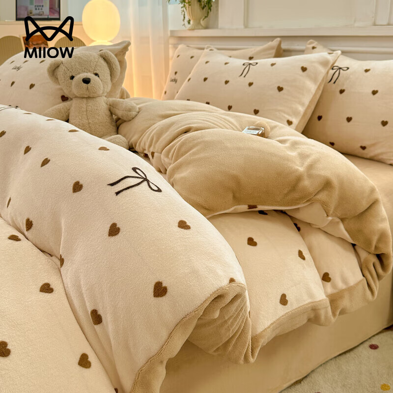 猫人（MiiOW）秋冬卡通牛奶绒被套单件150x200x230加绒加厚珊瑚绒被罩被单4 爱心蝴蝶结【加密植绒牛奶绒 蓄热保暖拒绝掉毛】 180*220cm单被套