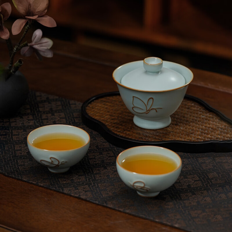 青澹墨雅青澹汝窑茶具套装礼品冰裂釉汝瓷整套茶杯茶壶礼盒装陶瓷盖碗茶具 青澹蝶舞芳菲7件套