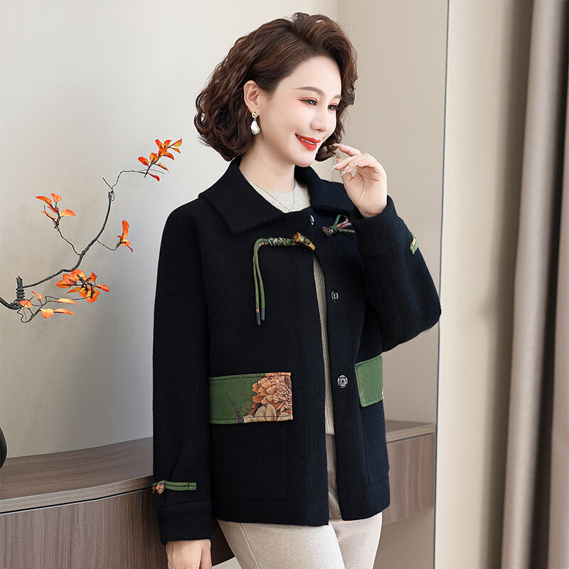 兰铂丽斯中年女装时尚水貂绒大衣秋冬季洋派外套气质妈妈春装高贵呢子上衣 黑色 厚款 2XL 110-120斤