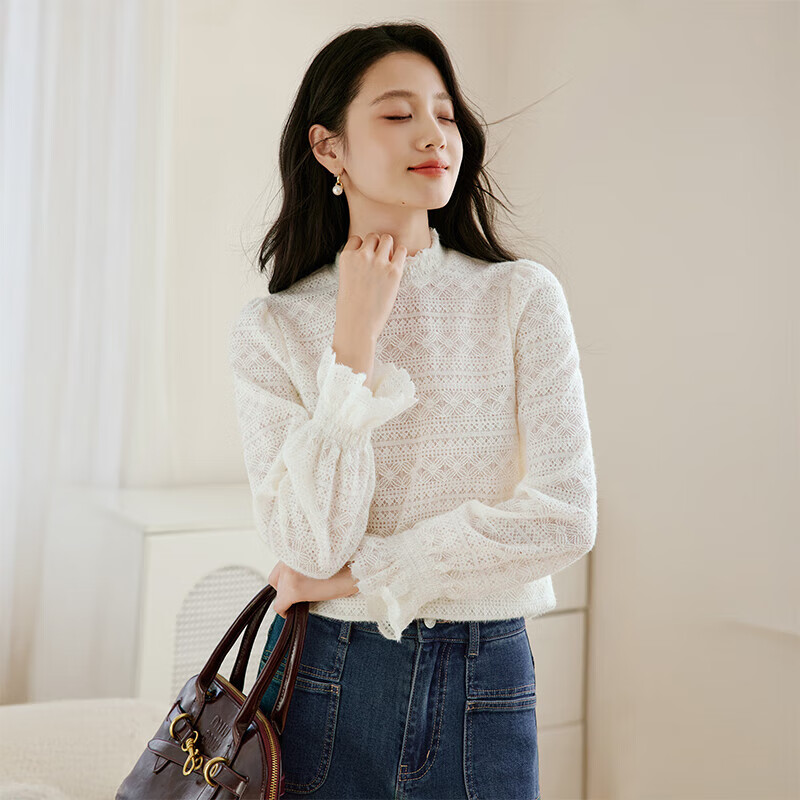 香影（xiangying）法式白色蕾絲衫女2025秋冬新款半高領正肩打底衫氣質(zhì)鏤空上衣 鷺白 S 155/80A/85-95斤