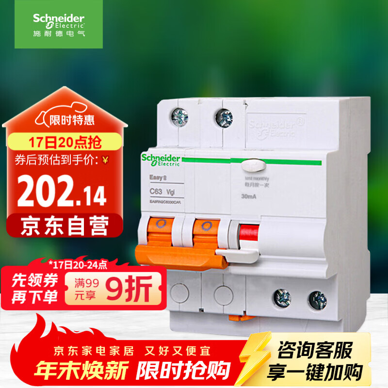 施耐德电气带漏电保护断路器A型空气开关2PC63A空开家用总闸 EA9RN2C6330CAR