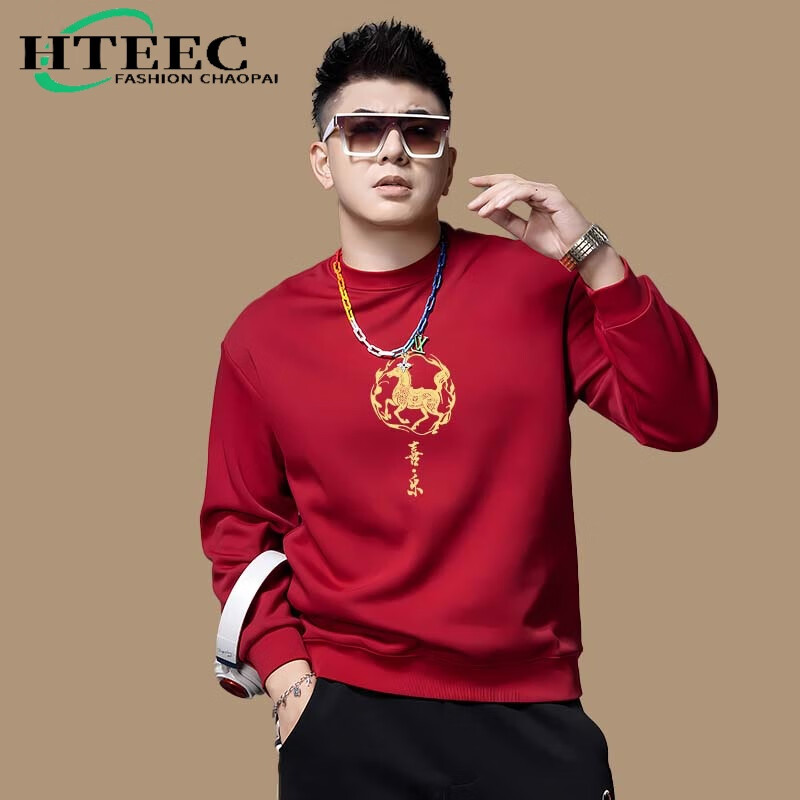 hteec香港潮牌马年本命年衣服2026新款男宽松休闲时尚百搭卫衣外套加绒 红色-平安 加绒 XL 【150-170斤】