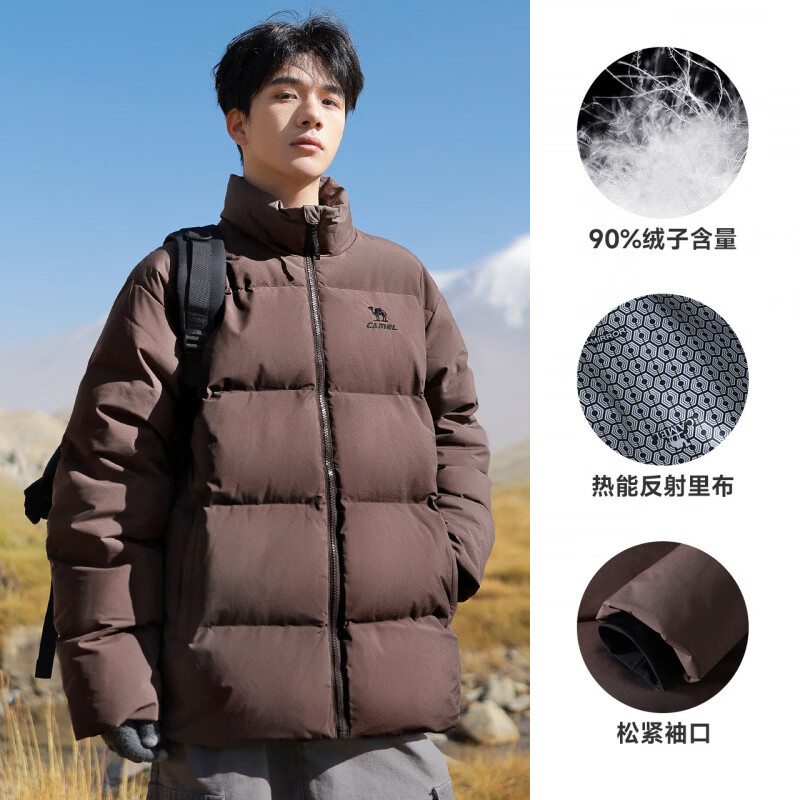 骆驼火神运动羽绒服女款男款三防立领冬季新款户外加厚面包服外套 【三防科技_90绒子】法式棕，男女同款，J35CA XS _(男女同款90-110斤)