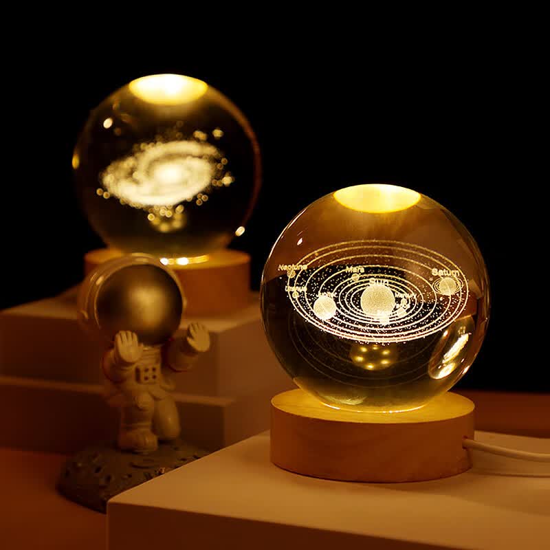 暖橙耀耀水晶球小夜灯桌面装饰摆件礼品生日520情人节礼物送男孩女孩儿童 银河系+圆形木底座+精美包装 无规格