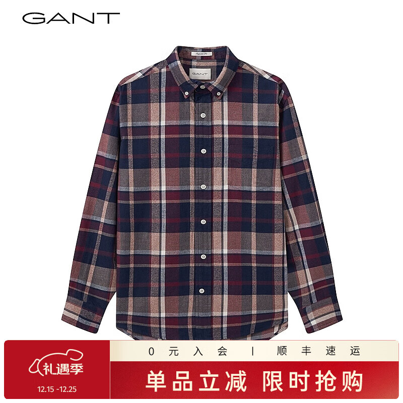 GANT【亚洲版型】甘特春季新款法兰绒格纹翻领舒适百搭复古男衬衫 604丰泽红色 M