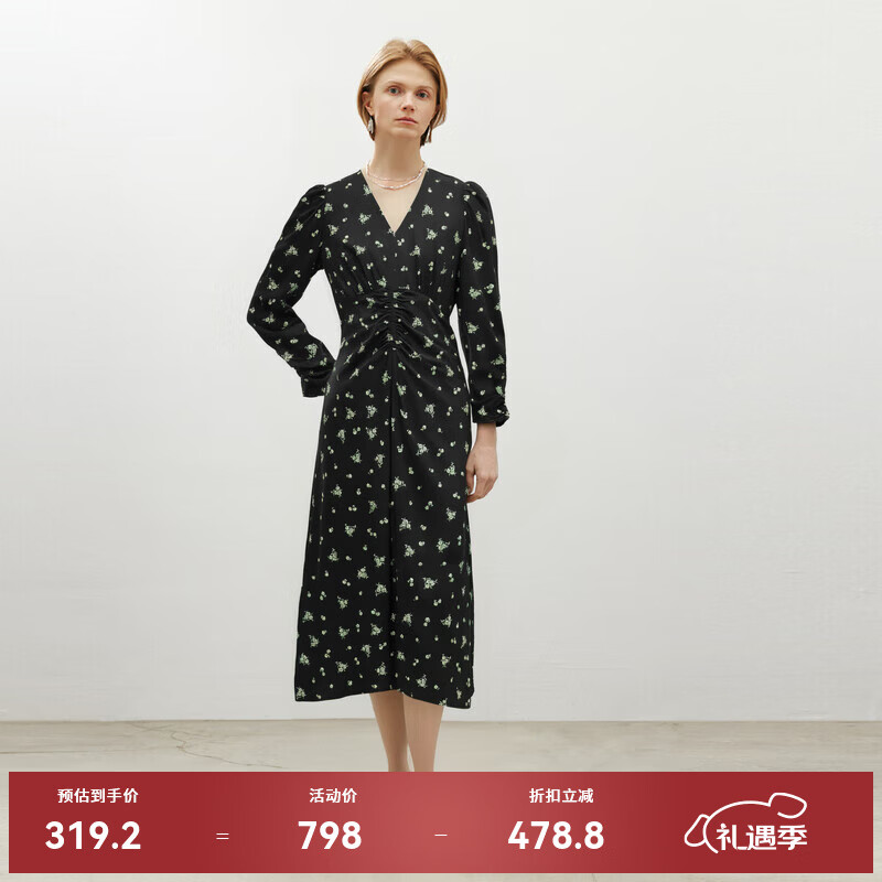 麦檬MM商场同款23春新款纯棉黑色碎花法式褶皱连衣裙女5E3291351 黑色 S