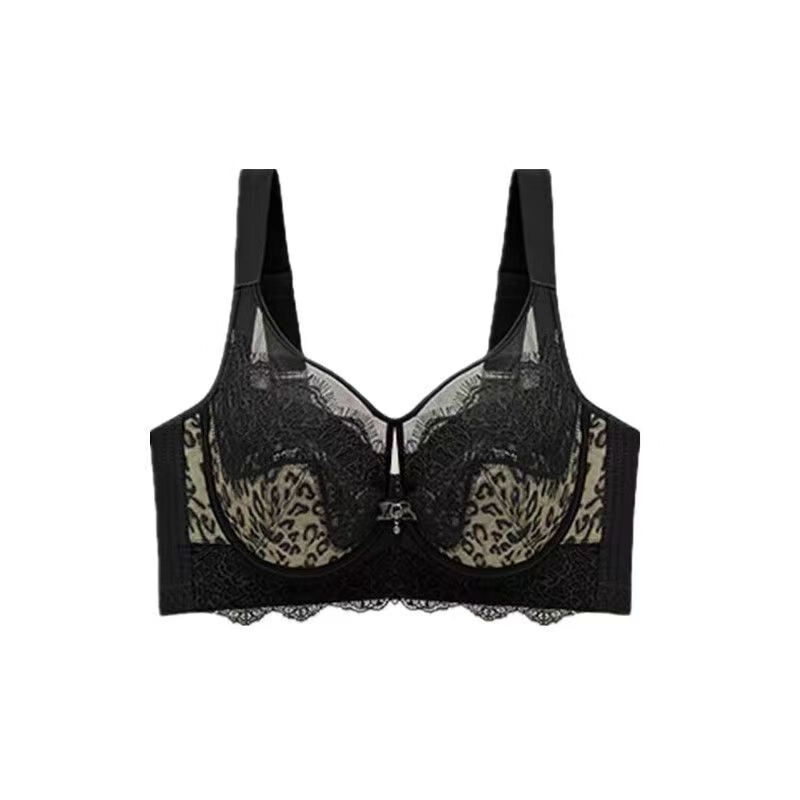 黛思侬（Daisinong）性感豹纹软钢圈调整型聚拢大码内衣超薄透气收副乳防下蕾丝文胸 黑色+豹纹 100C 44/100C