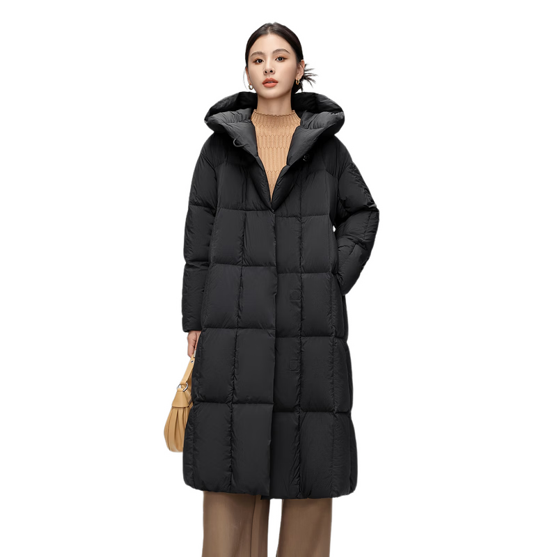 雪中飞服饰五折【鹅绒】新款加厚云朵泡芙时尚长款连帽羽绒服简约大气 黑色|8056 S /160/84A