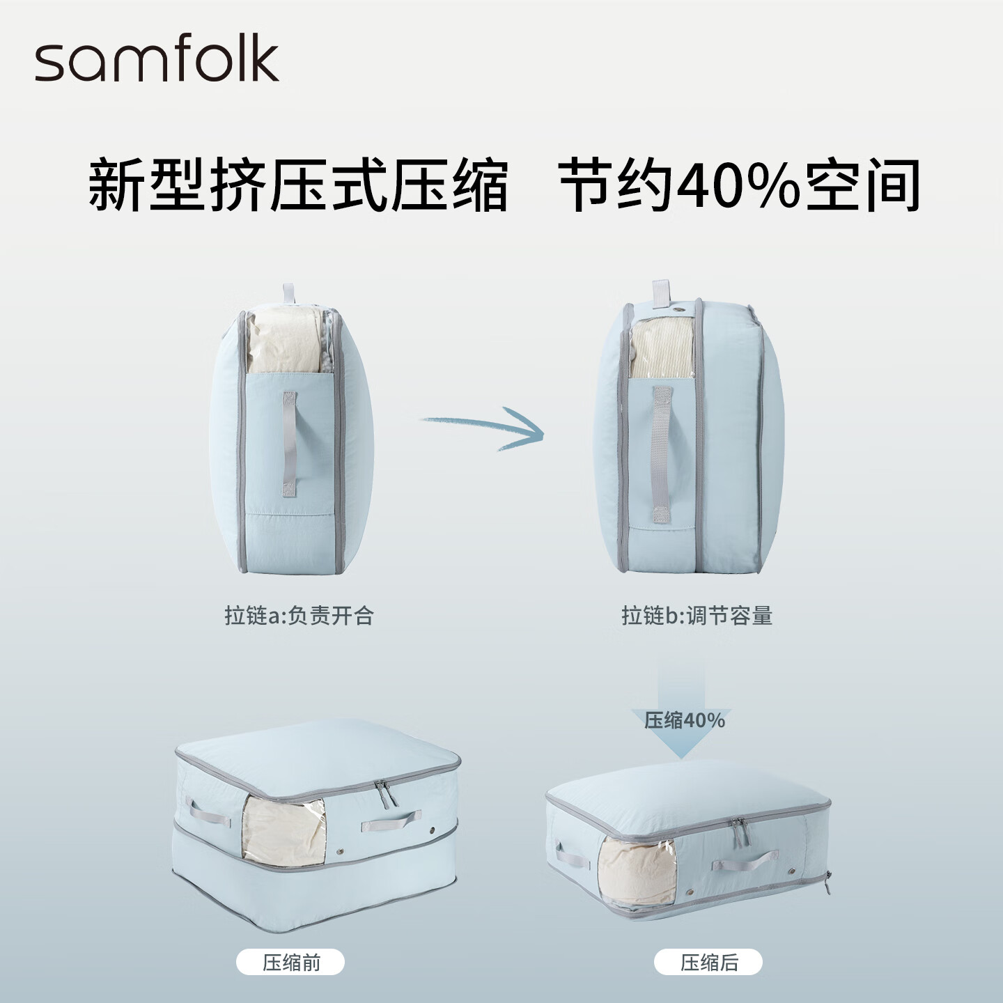 Samfolk羽绒服收纳袋可视压缩被子换季衣物家用行李箱分装整理收纳包旅行 可视XL-晨雾蓝 【长款2-3件】