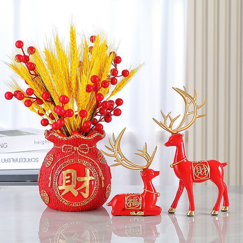 OYKTN新中式招财花瓶摆件客厅乔迁电视柜店铺仿真干花插花侘寂风装饰品 财字福袋配4枝发财果50枝-无鹿