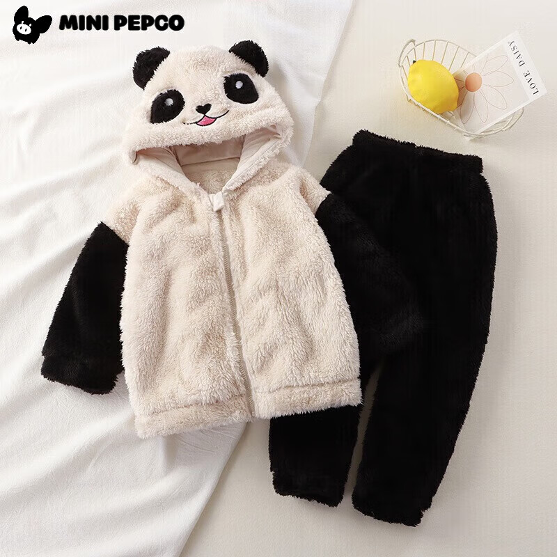 小猪班纳(PEPCO)儿童毛绒上衣秋冬儿童连帽加绒保暖毛绒家居服套装毛毛衣 黑+白【毛绒熊猫连帽套装】 120 cm 京东折扣/优惠券