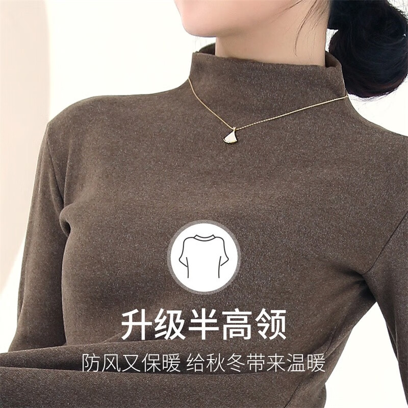 六月玫瑰 新款加绒加厚半高领长袖打底衫女上衣内搭外穿冬季打底衫 摩卡 均码 建议70-140斤