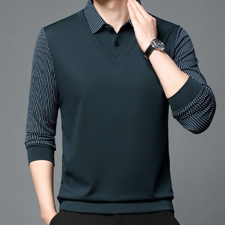 布卡澜琦秋冬季加绒假两件男士翻领长袖t恤中青年商务男装纯色条纹体恤衫 哈青（加绒） XL /115（建议135-150斤）