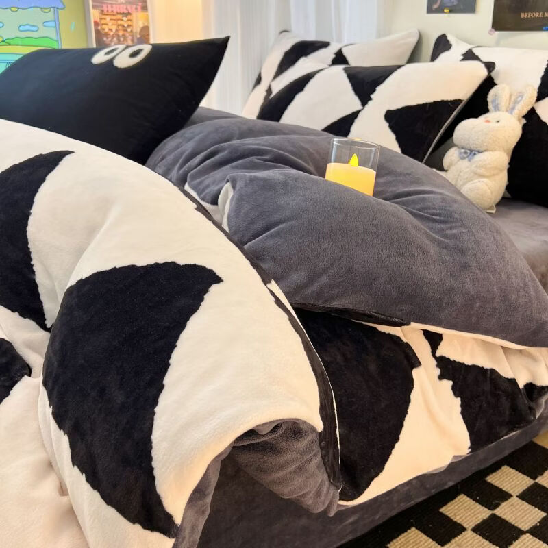 VJE简约格调牛奶绒四件套冬季加厚保暖双面绒床单被套加绒高克重三件 三角空间 三件套1.2m 床单款 （被套150*200cm）