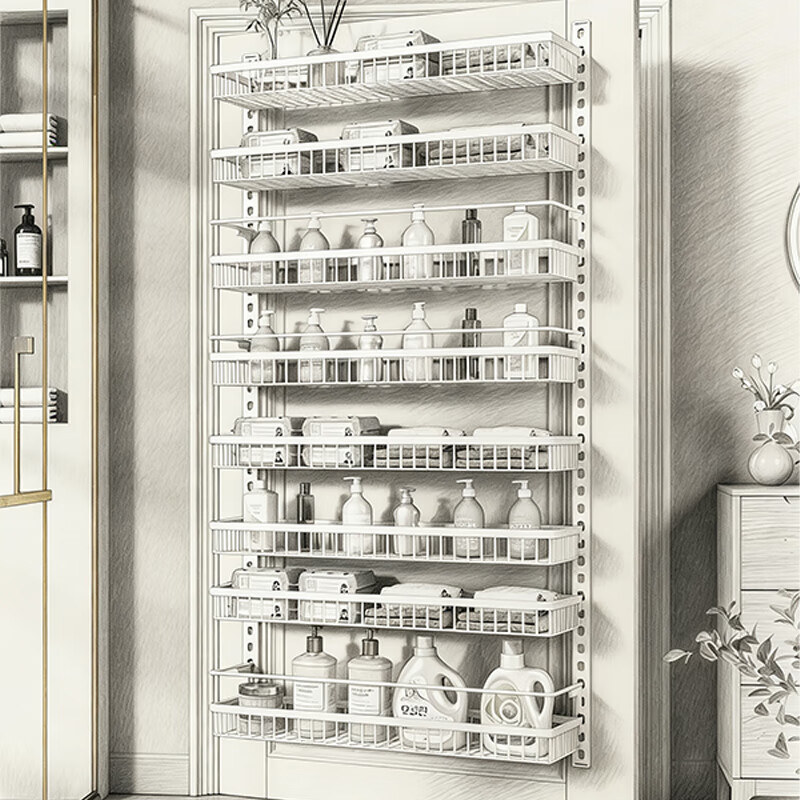 尔思家浴室置物架厕所免打孔墙上置物架浴室门口夹缝壁挂多层收纳架子 八层47.5cm宽【白色大号】配3层护栏