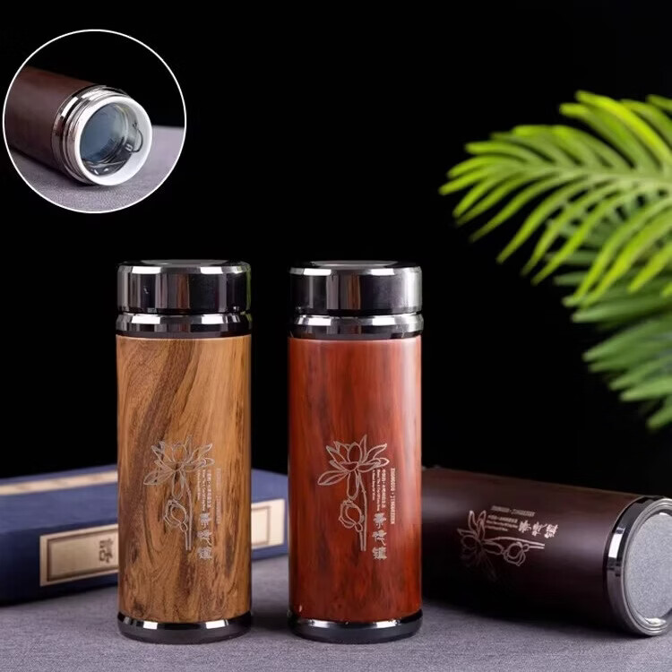 启色景德镇真陶瓷内胆保温杯茶水分离茶杯子男女水杯礼品养生旅行杯 【真陶瓷内胆350ml】红木纹