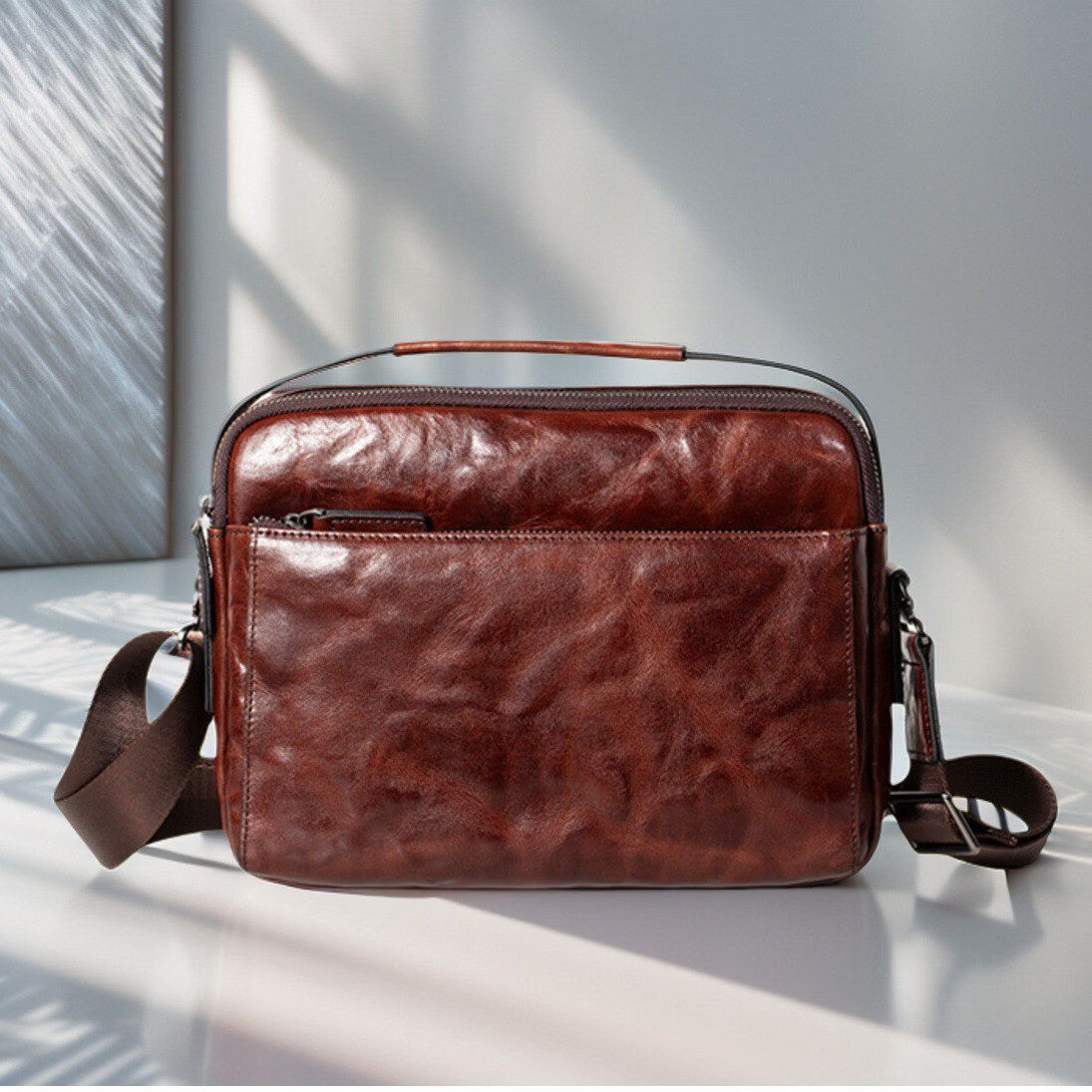 巴利迪亚新款真皮男士单肩包植鞣头层牛皮斜挎包商务通勤休闲大容量男包 咖啡色