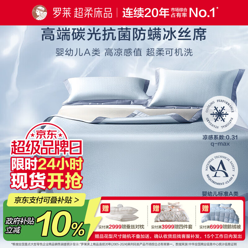 罗莱家纺 母婴A类冰丝席【可机洗】抗菌防螨凉席子三件套 蓝150*200cm