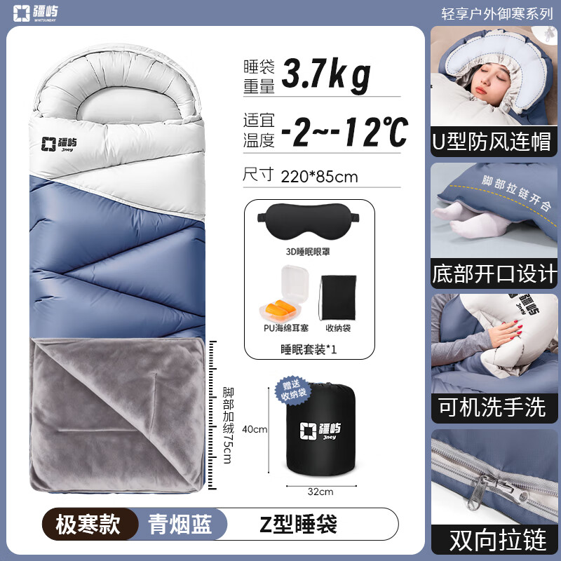 疆屿睡袋加宽户外成人加厚睡袋防寒秋冬季露营睡袋午休被两用款 青烟蓝3.7kg【-2~-12℃极寒款】脚部加绒赠睡眠套装 京东折扣/优惠券