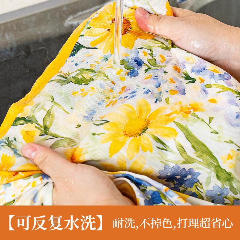 尚悦靓家用厨房围裙新款中式纯棉防油污百褶裙摆高级感做饭挂脖围腰女 纯棉小黄花百褶围裙