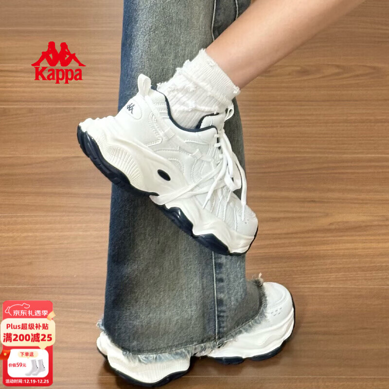 Kappa卡帕女鞋厚底老爹鞋子女2025秋冬新款透气百搭跑步鞋休闲运动鞋女 经典白/海昌蓝 38