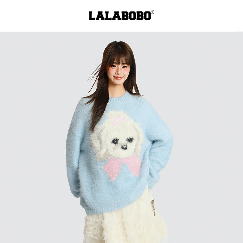 LALABOBO【玩偶系列】毛织毛衣25年冬新潮原创高级蓝保暖上衣RBEC-WSTM14 蓝色 S
