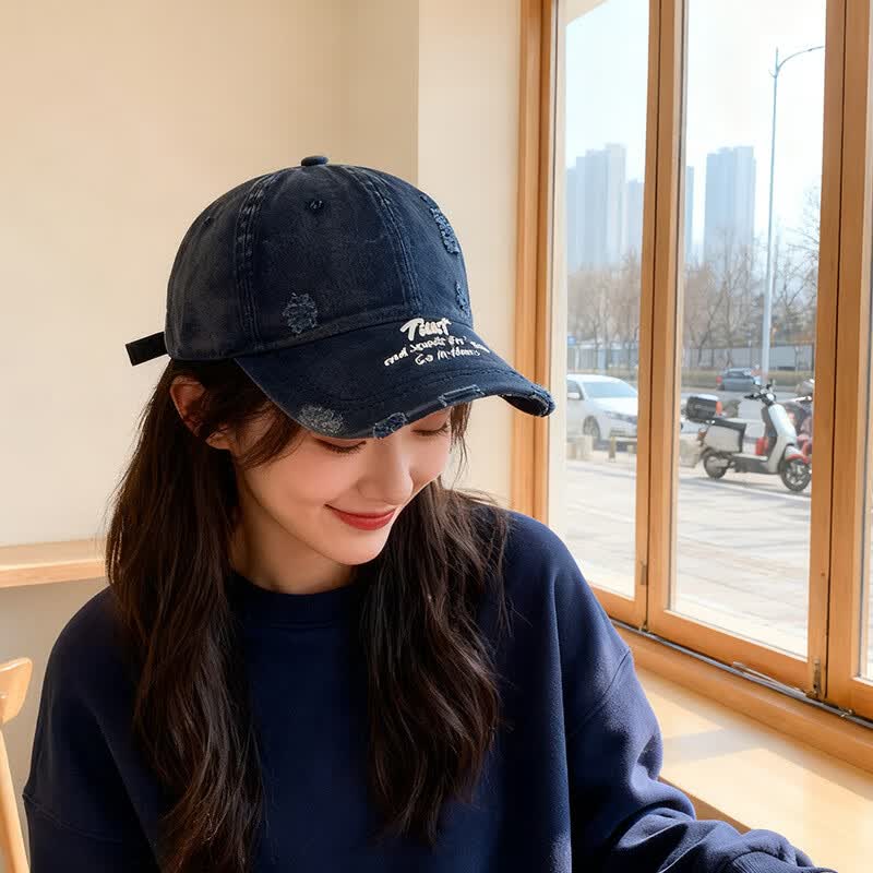 OEAI美式复古做旧蓝色棒球帽女早春百搭加大加深字母刺绣破洞鸭舌帽男 C5885破洞檐立绣TIUST棒球帽 粉色 M （56-58cm）