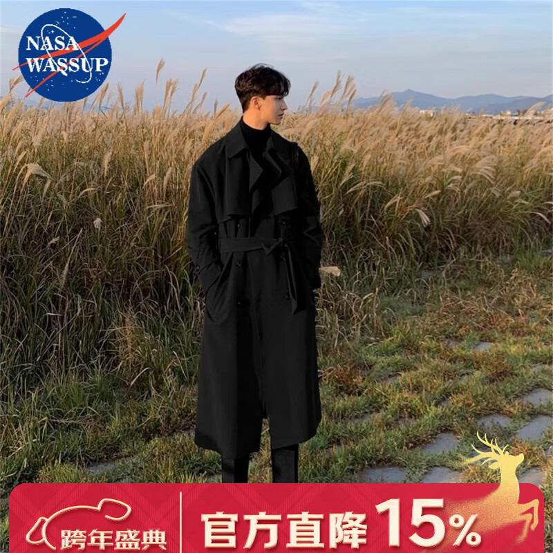 NASAWASSUP英伦风衣男秋冬季长款潮流宽松过膝大衣双排扣韩版休闲高级感外套 风衣黑【春秋款】 薄款 S