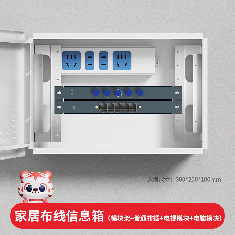 国际电工弱电箱家用盖板多媒体入户信息箱网络布线箱工地空箱塑料门大空间 300*200*100普通空箱+模块架+普通排插+电视+电脑模块