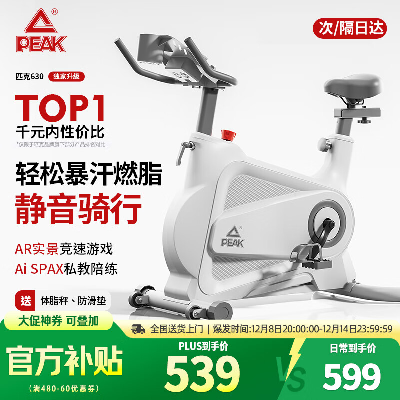 匹克动感单车家用室内运动磁控静音健身自行车减肥健身器材 [标准款白]无极阻力/全包飞轮