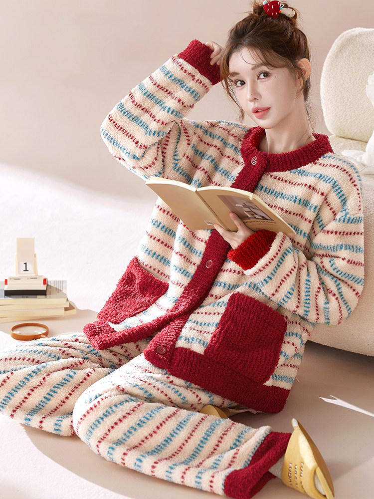 雅鹿睡衣冬女加绒保暖睡衣女士秋冬季2025新款珊瑚绒大码家居服圣诞套 NSJLY-KS274柏林纪事圆领女 L (100斤-120斤）