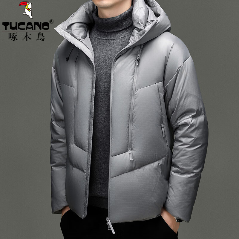 啄木鸟（TUCANO）羽绒服男短款连帽加厚保暖鸭绒外套2025冬季最新款时尚御寒面包服 灰色 L (175) 推荐135-150斤