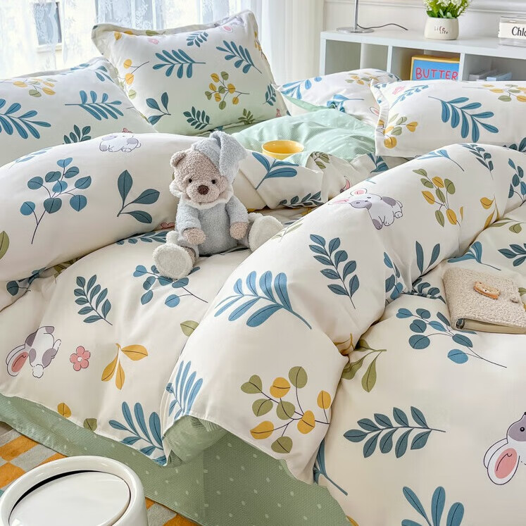 羽匠加厚磨毛小清新印花四件套学生宿舍套件家用床单柔软四件套秋冬季 丛林兔 床单款 床四件套(被套200*230cm) 京东折扣/优惠券
