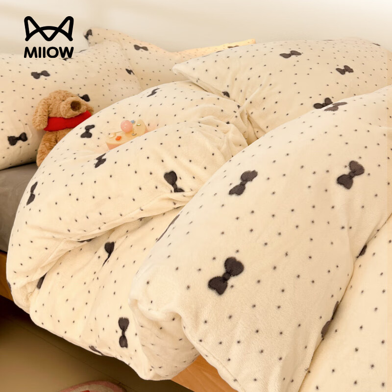 猫人（MiiOW）卡通牛奶绒床上四件套 冬季加绒加厚珊瑚绒床单被套床品三件套 波点叠影【一触即暖防静电设计】 0.9 床单款 三件套（被套150*200cm）