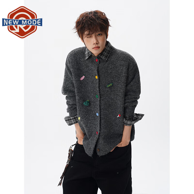 NEW OR MODE重磅刺绣针织开衫毛衣男女冬季新款加厚保暖宽松情侣慵懒休闲上衣 深灰 L 【建议110-130斤】