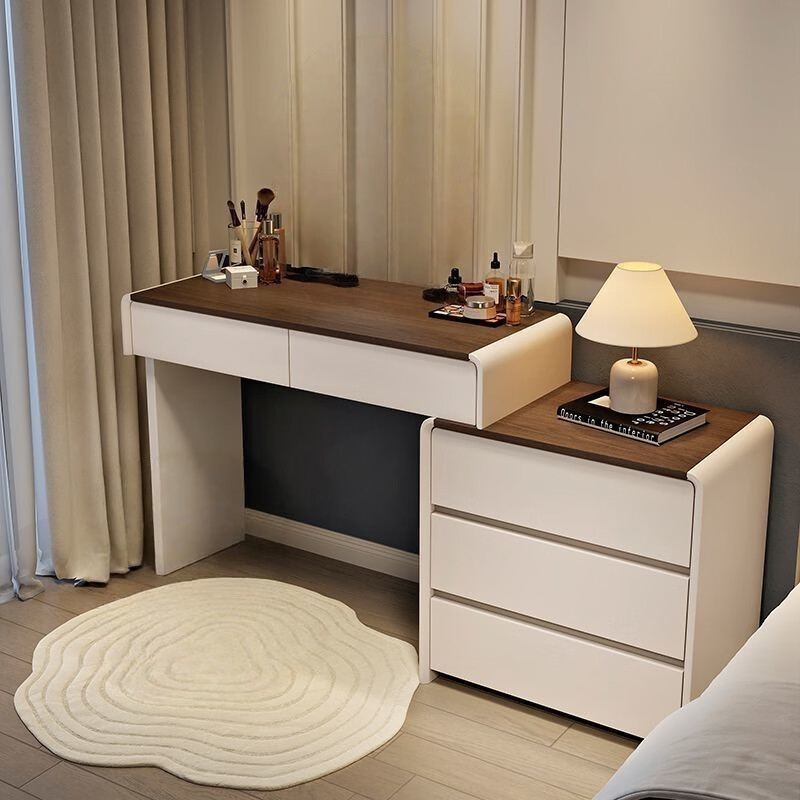耐禾梳妆台卧室现代简约小户型小型北欧轻奢全实木化妆桌子收纳柜一体 米白色【上桌+柜+智能圆镜(无凳)】 60CM柜+100CM上桌