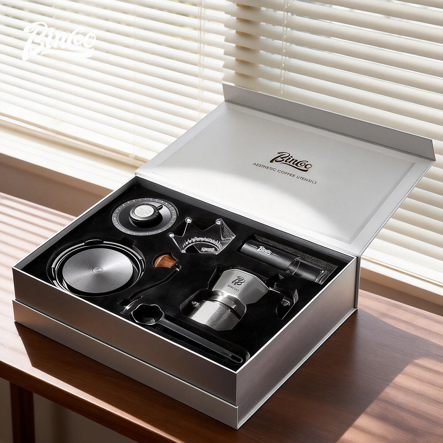 Bincoo三阀316不锈钢摩卡壶礼盒套装结婚生日送礼甄选 B款银色八件套【钢芯】-电陶炉版