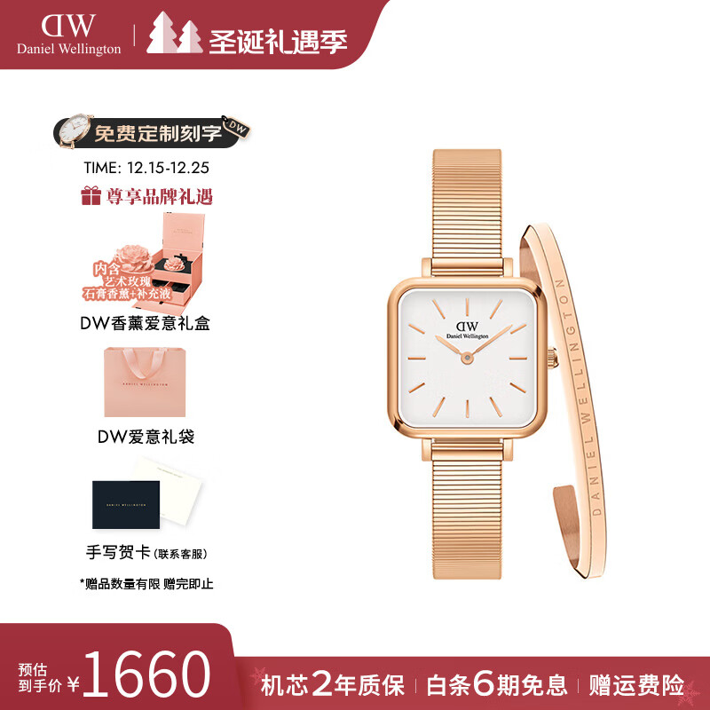 丹尼尔惠灵顿（DanielWellington）dw手表 女士手表摩登复古小方表石英欧美腕表 七夕礼物送女友 玫瑰金白盘