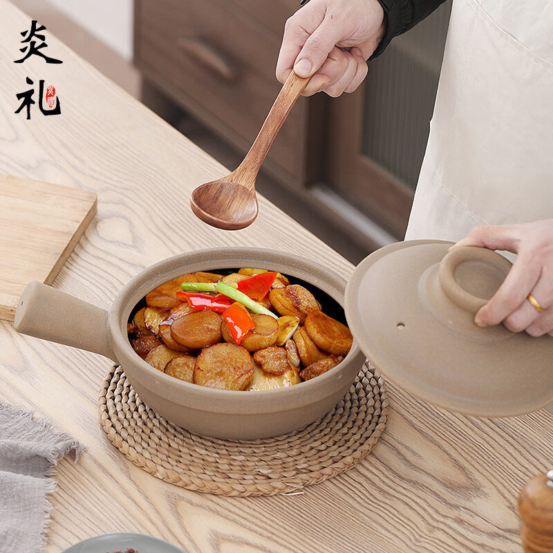 炎礼陶瓷老式煲仔饭单柄土砂锅家用传统粗陶带手柄无釉燃气灶干烧 原陶单柄砂锅-(2000ml)2000ml 2000ml