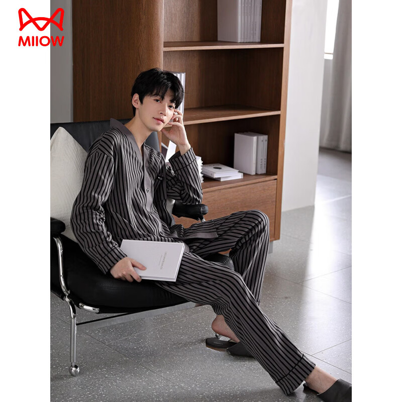 猫人（MiiOW）全棉条纹睡衣男士春秋款纯棉长袖家居服秋冬季大码2026新款套装 深邃灰【纯棉款】 L 「建议100-120斤」