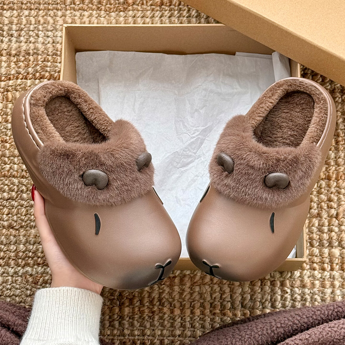 FZT棉拖鞋中小童2026年春季新款防水防滑可爱卡皮巴拉儿童外穿棉拖鞋 可可棕 30-31 标准码