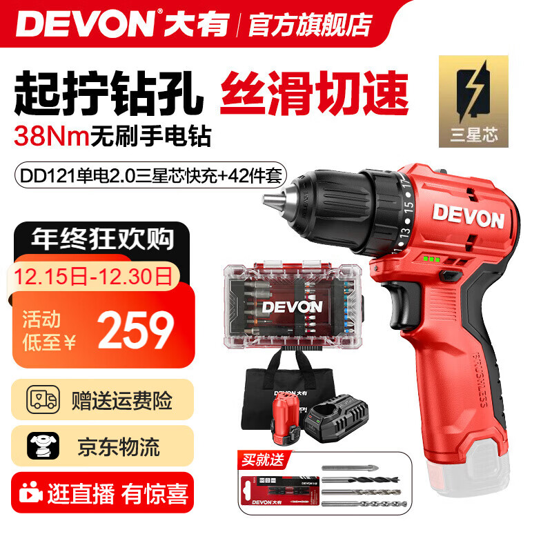 大有（Devon）12V无刷锂电钻手电钻DD121电动螺丝刀起子机38Nm口袋钻家用冲击钻 DD121单电2.0三星芯快充+42件套