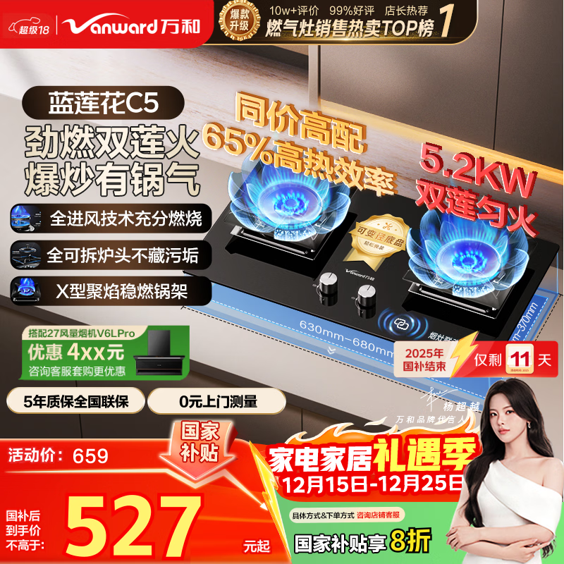 万和燃气灶【蓝莲花C5·65%热效率】天然气5.2kW猛火烟灶联动国家补贴20%嵌入式家用煤气双炉具C5L90S