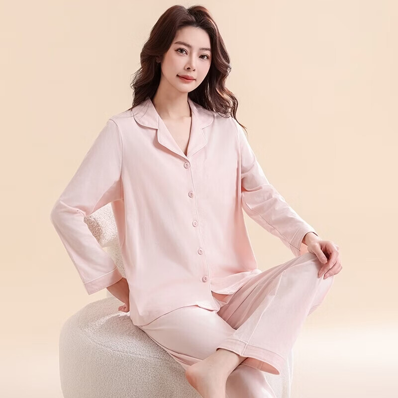雅鹿睡衣女春秋2026新款纯棉睡衣女士夏季翻领家居服套装大码可外穿 NSWJH-樱花粉 【7A抗菌纯棉套装】 L 【推荐100-120斤】