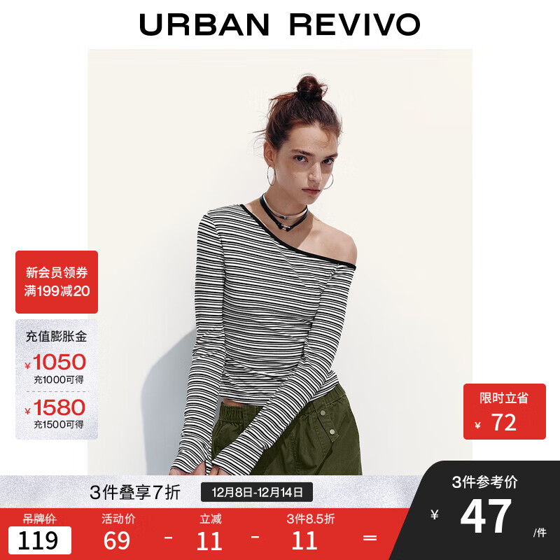 UR2025秋季新款女装城市度假斜肩领撞色条纹褶皱T恤UYY450294 黑色条纹 L